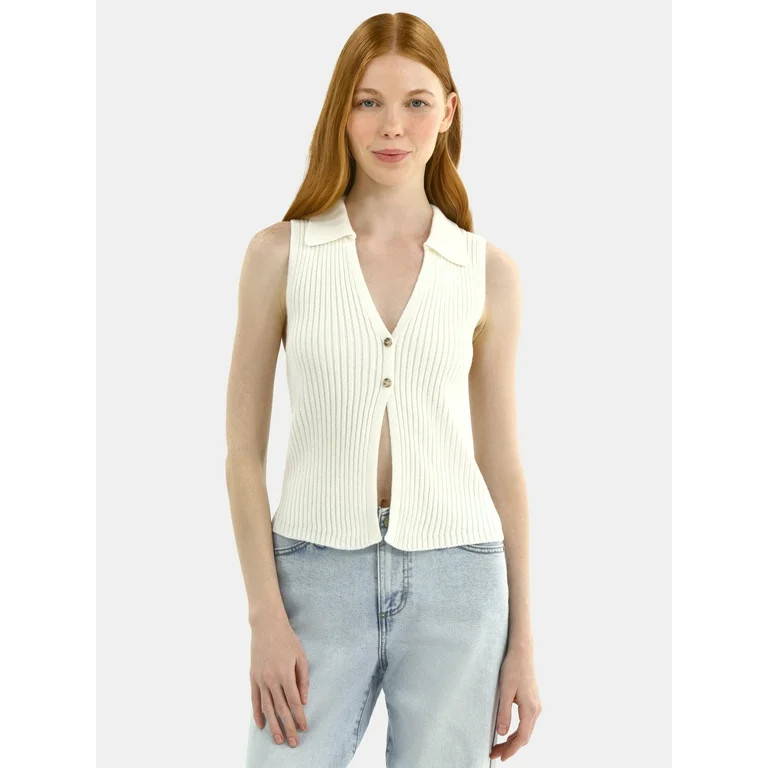 No Boundaries Button-Front Sweater Vest Top, Women's | Walmart (US)