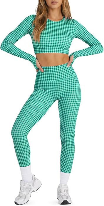 Womens Gingham Workout Sets 2 Piece Outfits Matching Leggings Set | Amazon (US)