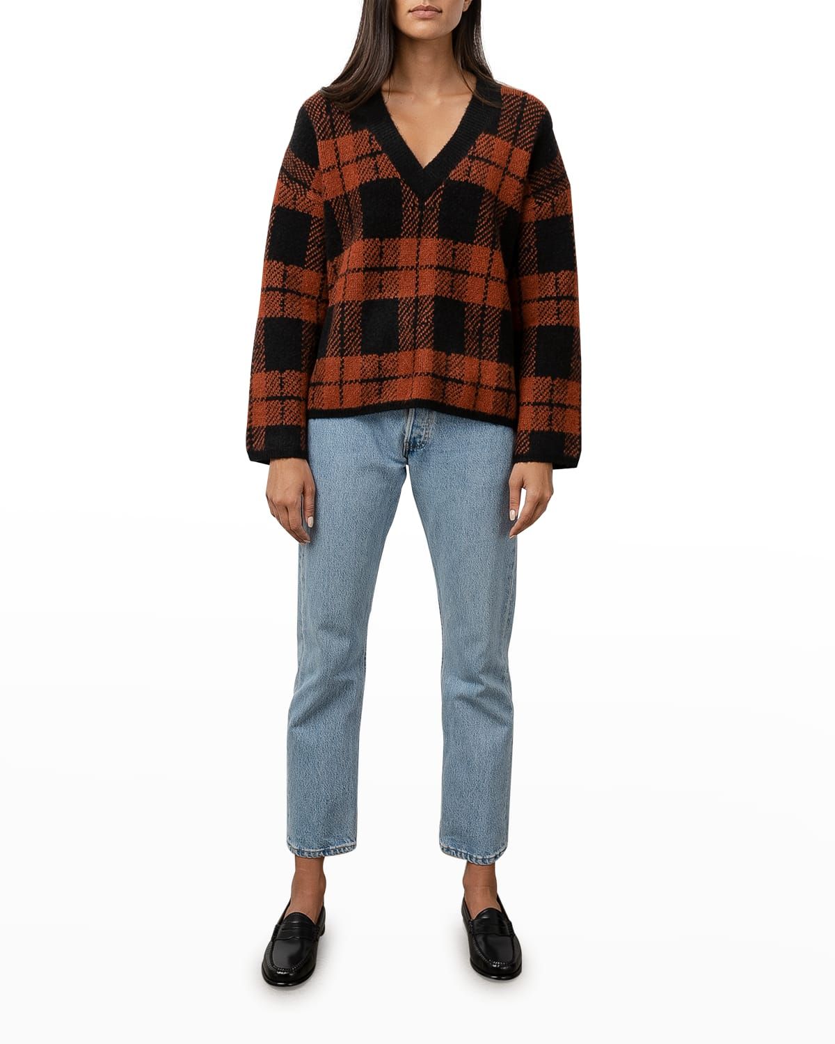 Colleen V-Neck Jacquard Plaid Sweater | Neiman Marcus