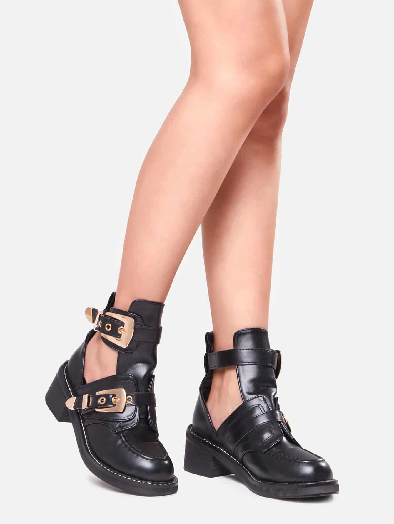 Black Faux Leather Buckle Strap Chunky Heel Shoes | Romwe