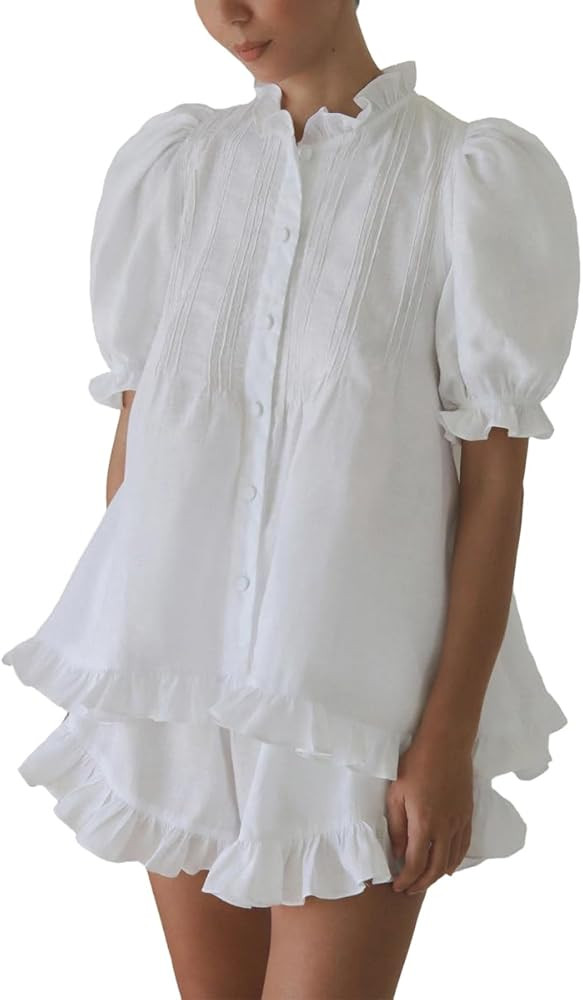 Womens Ruffle Short Set Fashion Summer Puff Sleeve Button Down Top and Shorts Cotton 2 Piece Outf... | Amazon (US)