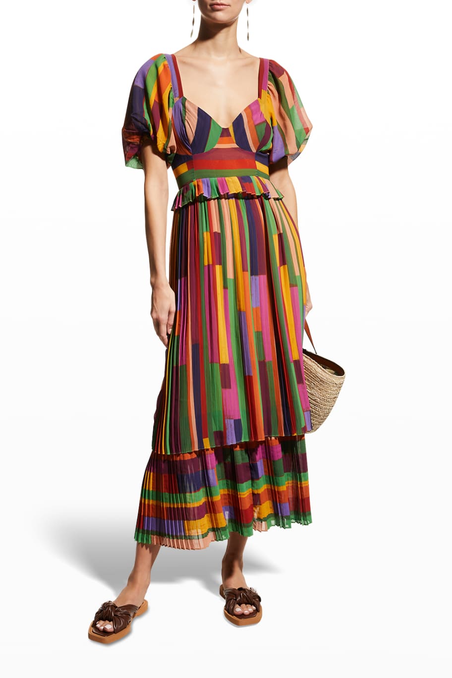 Farm Rio Painted Stripes Blouson-Sleeve Pleated Dress | Neiman Marcus