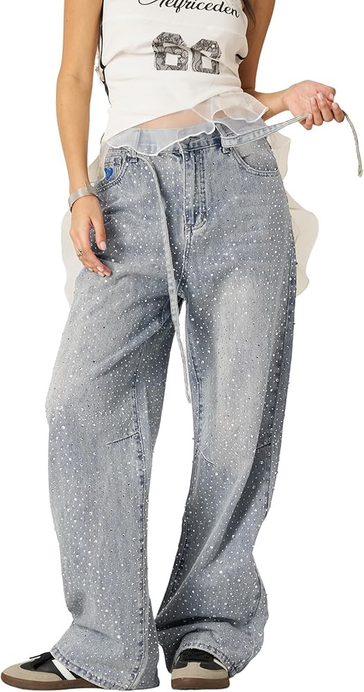 Aelfric Eden Womens Rhinestone Jeans Y2K Wide Leg Pants Unisex Loose Oversized Trousers Casual Ba... | Amazon (US)