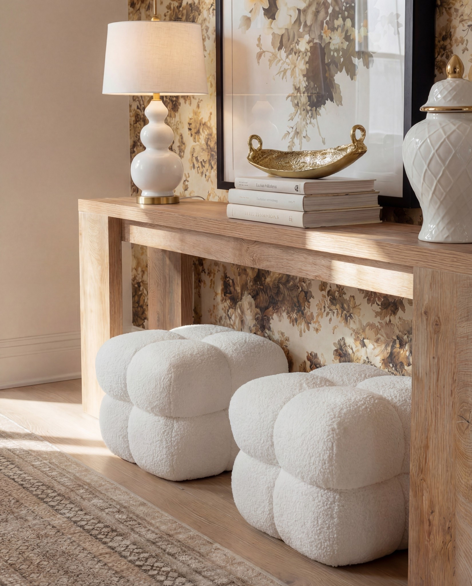 ✨ Shop the Look
Light wood console table | White boucle pouf stools | Sculptural white table lamp | Gold accent decor bowl | Large floral framed artwork | Neutral patterned hallway runner | Warm floral wallpaper | Brass globe sconces

#LTKFindsUnder100 #LTKSaleAlert #LTKHome