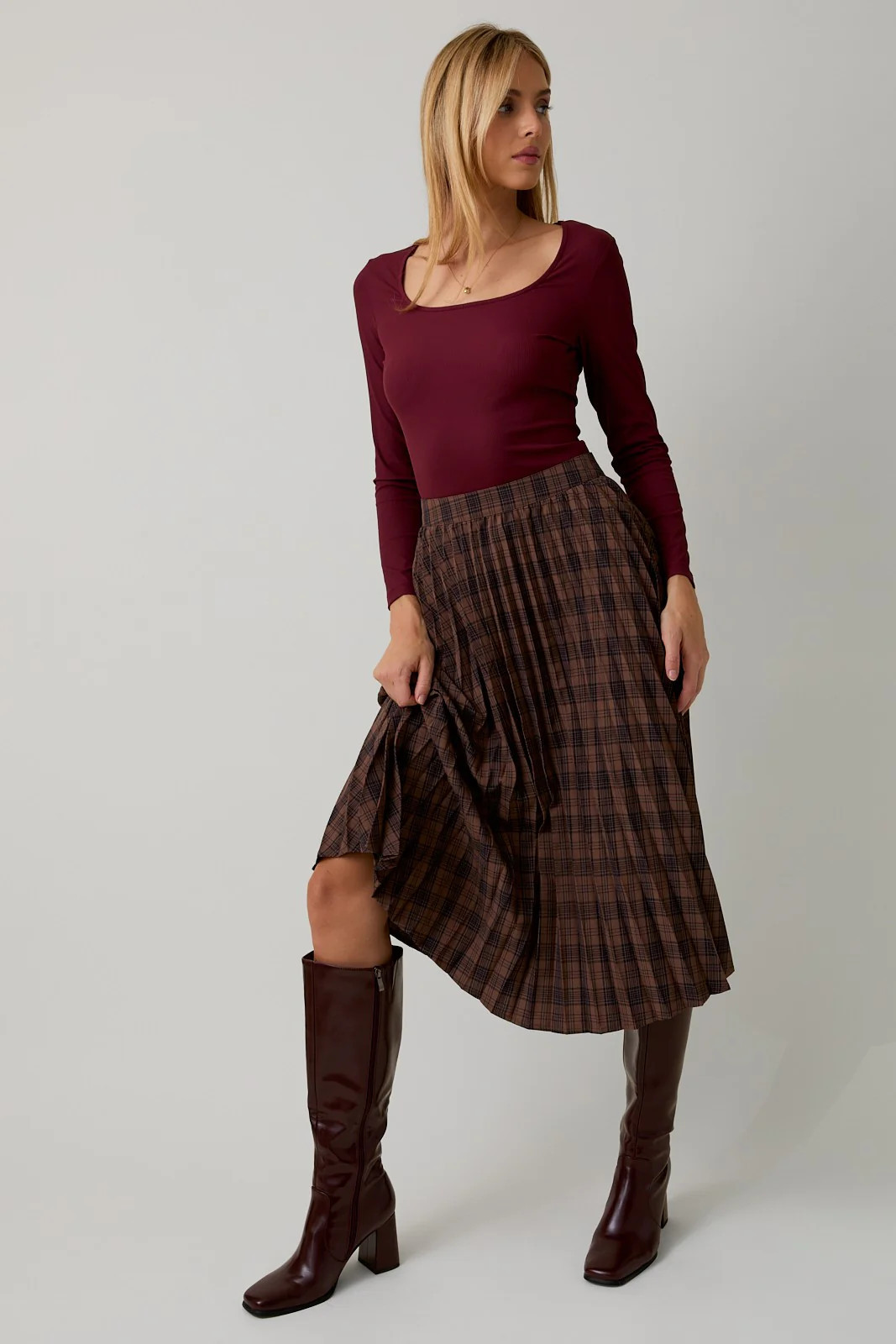 Brown Plaid Pleated Midi Skirt | PinkBlush Maternity