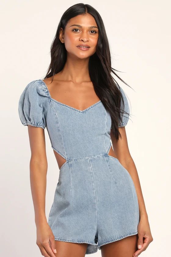 Blushing Beauty Light Wash Denim Puff Sleeve Romper | Lulus (US)