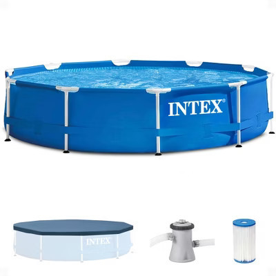 INTEX Metal Frame 10ft x 30in Round Above Ground Outdoor Swimming Pool Set with 330 GPH Filter Pump, Cartridge, and Protective Round Pool Cover | Target