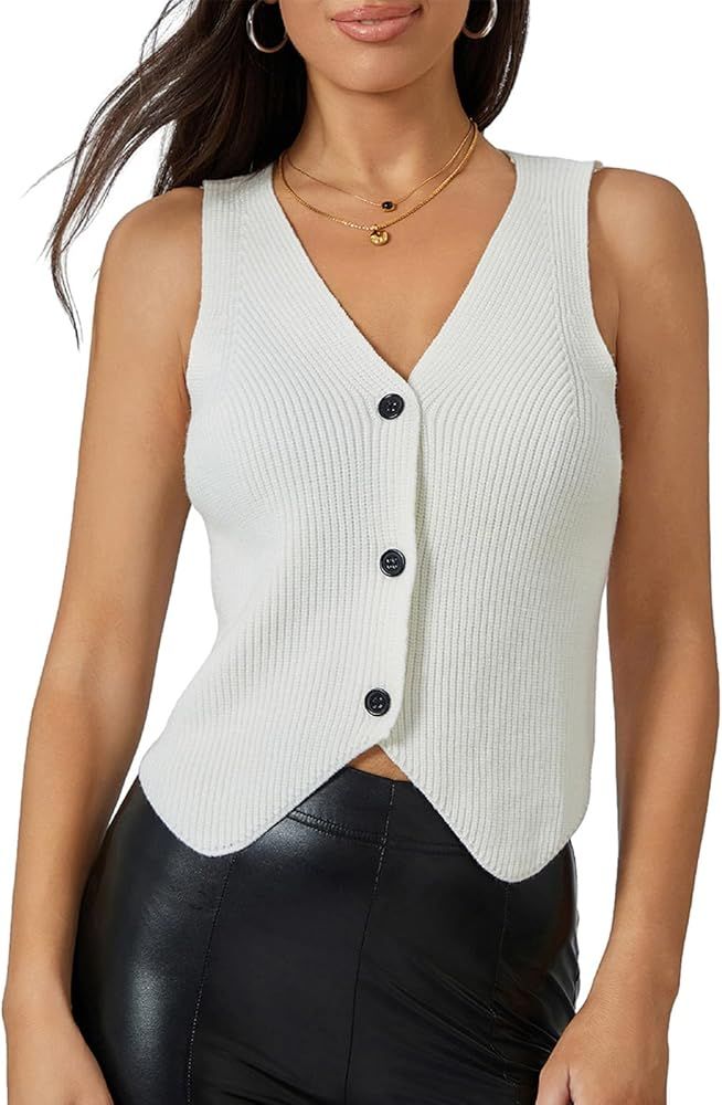 Women Knit Vest Top Y2k V Neck Sleeveless Button Up Crochet Going Out Tops Fashion Streetwear | Amazon (US)