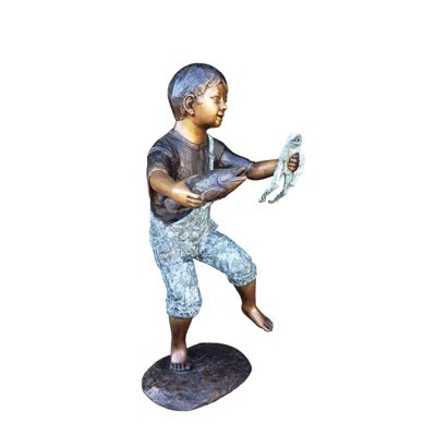 Playful Young Boy with Fish and Frog Bronze Statue Fountain 19" x 16" x 32"H | Wayfair North America