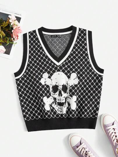 SHEIN EZwear Halloween Skull Pattern Sweater Vest Without Tee | SHEIN