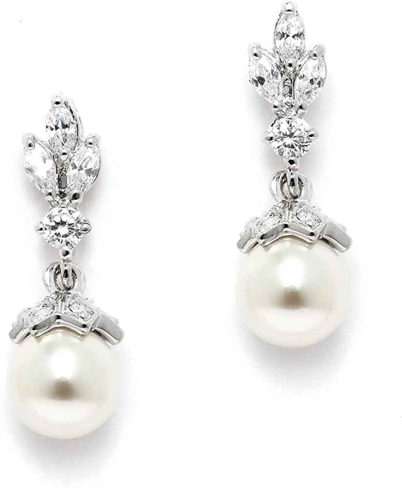 Mariell Pearl Drop Wedding Earrings, 8MM Ivory Shell Pearls, Cubic Zirconia Crystal and Pearl Ear... | Amazon (US)