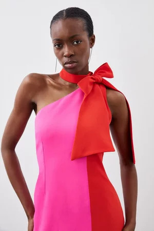 Soft Tailored Colour Block Tie Neck Midi Dress | Karen Millen UK + IE + DE + NL