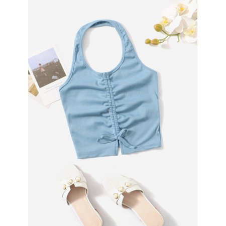 Cozy and Breathable Dusty Blue Teen Girls Drawstring Ruched Halter Top L2201905D 10-11Y(57IN) | Walmart (US)