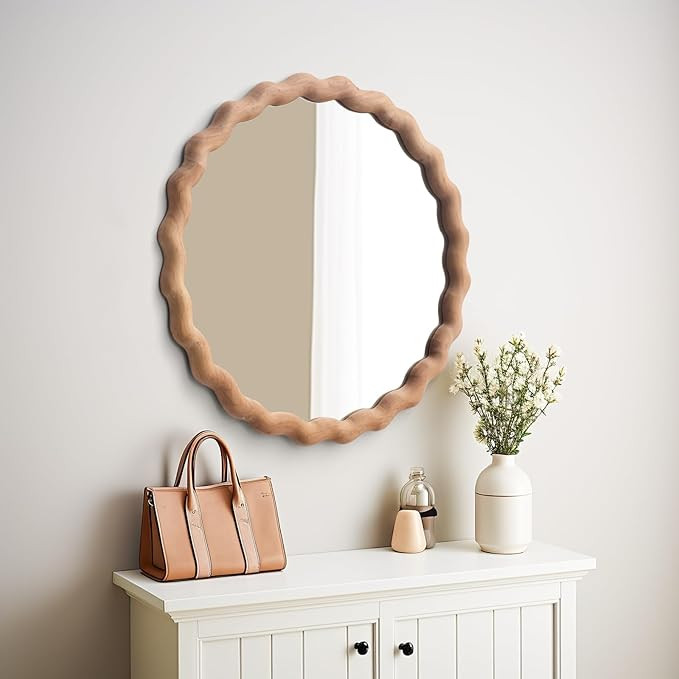 Natural Wood Round Mirror 24" Decorative Rustic Large Circle Waved Mirror Irregular Farmhouse Mir... | Amazon (US)