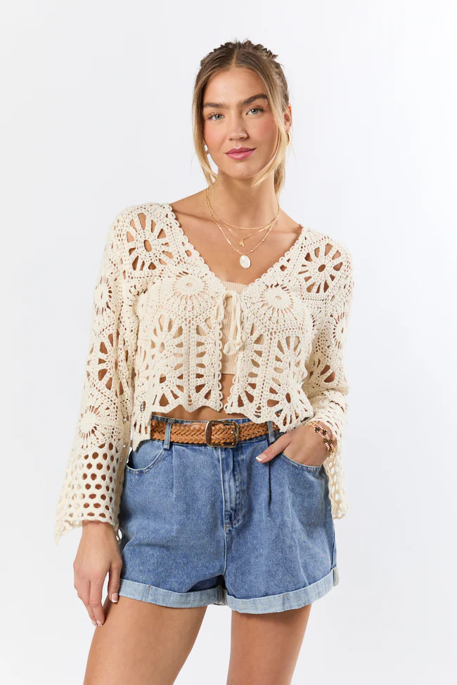 Morning Sun Beige Crochet Tie Front Cardigan | Pink Lily