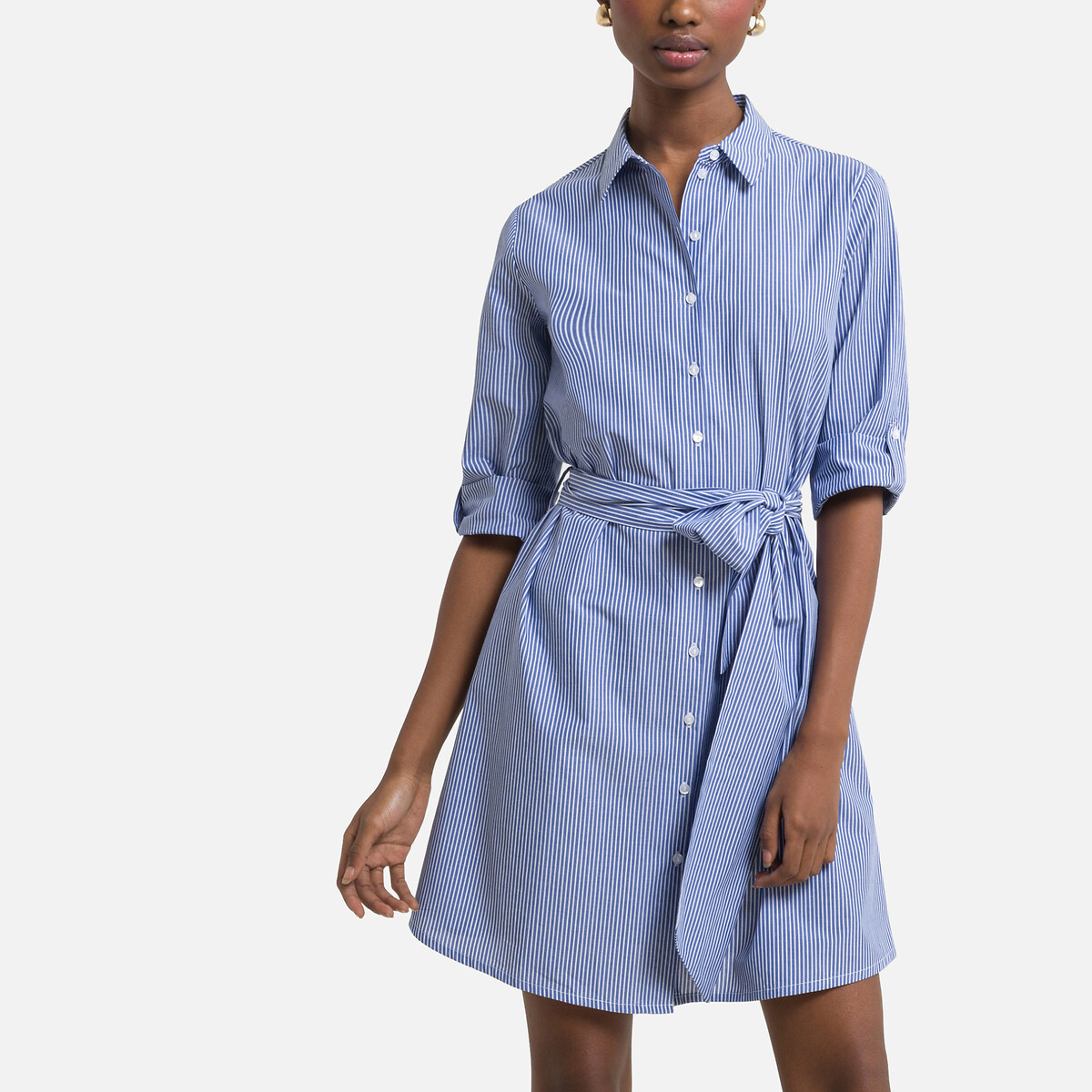 Striped Cotton Full Dress with 3/4 Length Sleeves | La Redoute (UK)