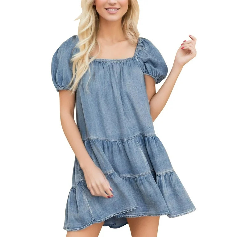 OVINYER Dress Women Loose Cake Short Sleeve Denim Dress Comfortable Relaxed Fit | Walmart (US)