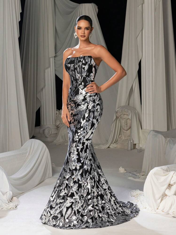 Faeriesty Women's Strapless Floor-Length Floral Sparkly Sequin Party Gown – Color-Blocked Rando... | SHEIN
