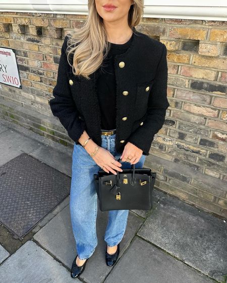 A moment for the jacket 🖤 Smart spring outfit with Abercrombie tweed collarless jacket, Cos black tshirt, Levi’s baggy jeans, Chanel black ballet pumps and Hermes Birkin black 25 gold hardware 

#LTKstyletip #LTKitbag #LTKSeasonal