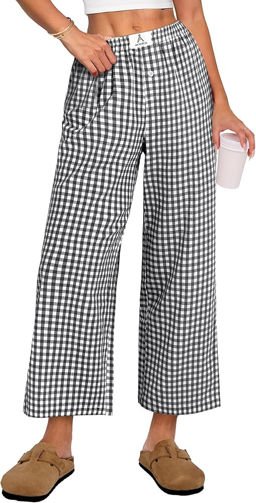ANRABESS Women Striped Gingham Palazzo Cropped Pants Wide Leg Pajama Lounge Pants Plaid PJ Bottom... | Amazon (US)
