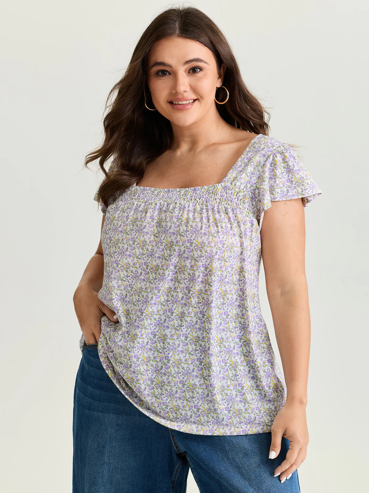 Micro Floral Print Shirred Neckline Knit Top | Bloomchic