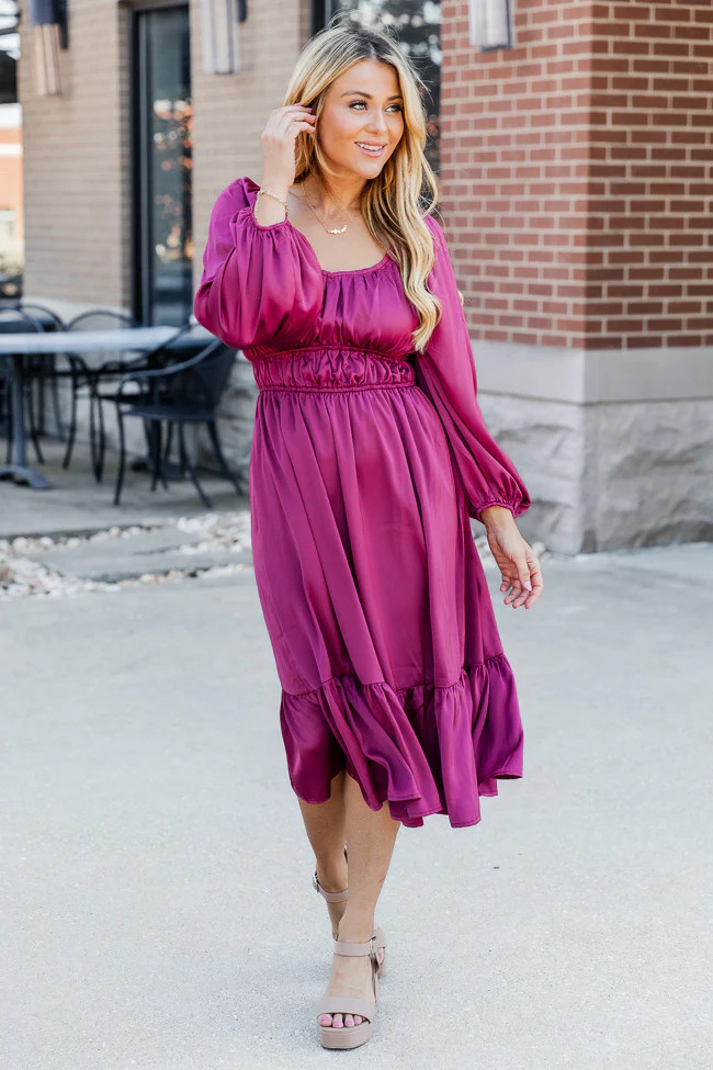 Longing For More Magenta Satin Midi Dress | Pink Lily