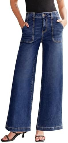 Sidefeel Womens Wide Leg Jeans High Waisted Stretchy Straight Leg Baggy Denim Pants with Pockets | Amazon (US)