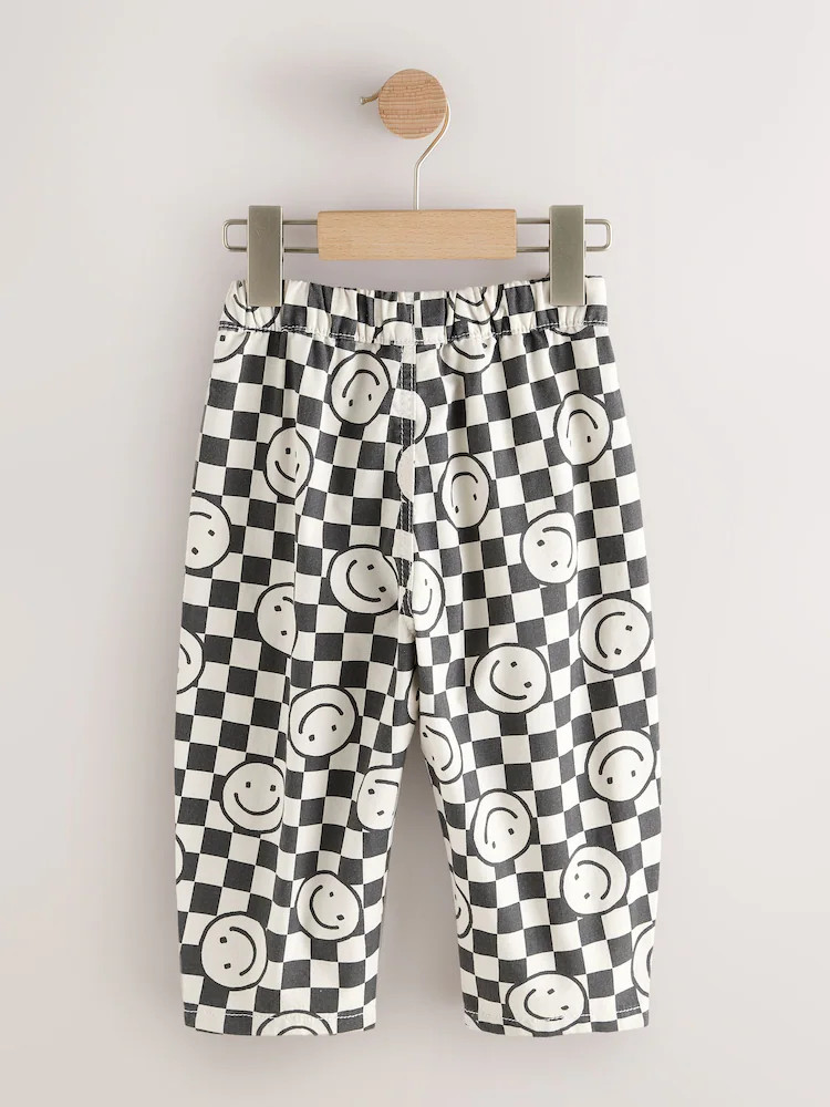 Black/Neutral Happy Face Checkerboard Barrel Pull On Trousers (3mths-7yrs) | Next US
