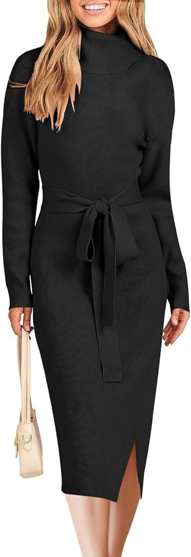 ANRABESS Women's Turtleneck Long Batwing Sleeve Chunky Knit Slit Slim Bodycon Tie Waist Pullover ... | Amazon (US)