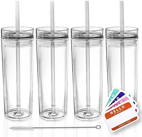 SKINNY TUMBLERS 4 Clear Acrylic Tumblers with Lids and Straws | 16oz Double Wall Clear Plastic Tumbl | Amazon (US)