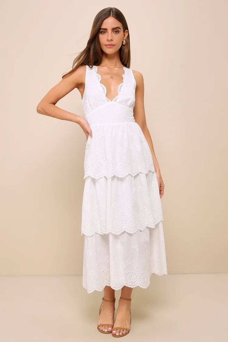 Sunshine Selection White Eyelet Embroidered Tiered Midi Dress | Lulus