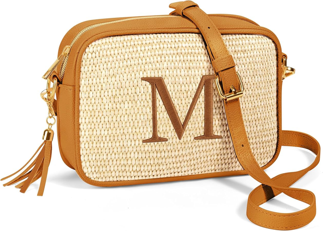 YOOLIFE Initial Crossbody Bags for Women - Crossbody Purse Straw Leather Crossbody Bag Personaliz... | Amazon (US)