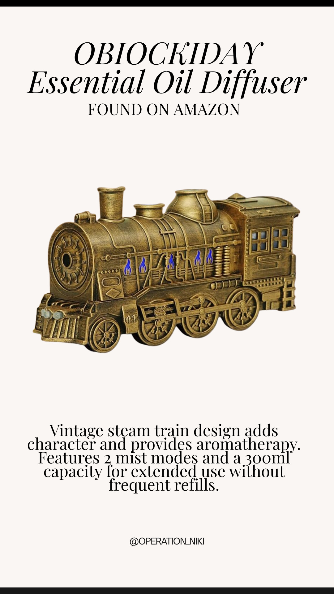 A diffuser that doubles as décor 🚂✨
This train-shaped essential oil diffuser adds soft LED lighting while dispersing your favorite scents — functional, eye-catching, and a unique touch for any space.

Follow for more @OPERATION_NIKI on IG, TikTok, & Facebook 💛

#EssentialOilDiffuser #HomeFinds #AmazonFinds #Aromatherapy #LEDLighting #HomeDecorFinds #UniqueHome #AmazonHome #DiffuserStyle #OperationNiki 

 #LTKHome #LTKFindsUnder50 #LTKFindsUnder100