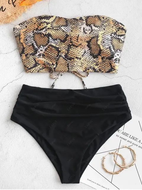 ZAFUL Snakeskin Bandeau Tummy Control Tankini Swimsuit | ZAFUL (Global)