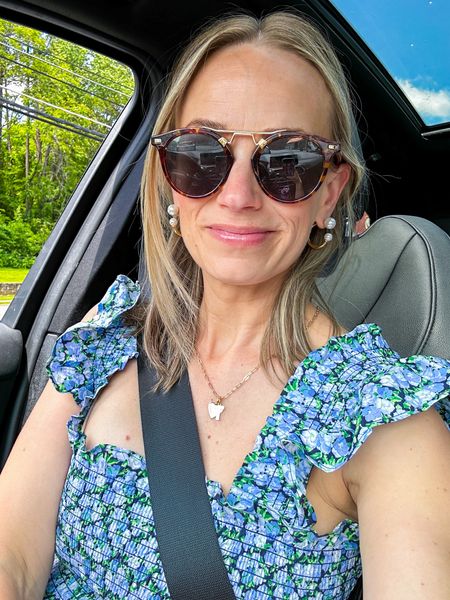 Affordable sunglasses 
Pearl hoop earrings 
Favorite spring dress that’s nursing friendly - wearing an XS

I also linked the pearl sandals and claw clip I’m wearing :) 

#LTKfindsunder100