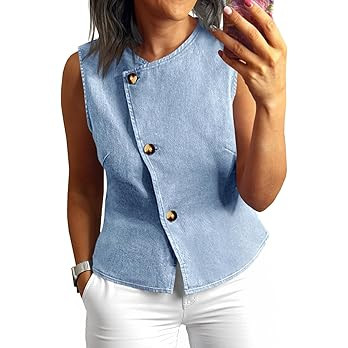 Tankaneo Women Denim Vest Tops Button Down Sleeveless Fitted Jean Tank Tops Trendy Casual Waistco... | Amazon (US)
