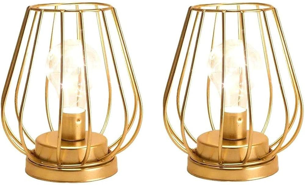TRIROCKS Set of 2 Metal Battery Operated Lamp 7'' Tall Mini Cage Shape Cordless Table Lamp Battery Lanterns with Warm Fairy Lights Bulb for Patio Garden Wedding Parties Indoor Outdoor(Gold) | Amazon (US)