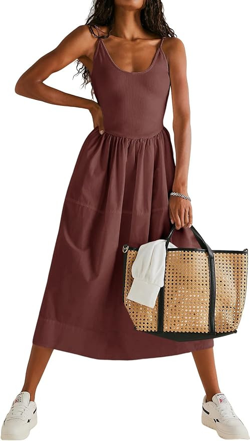 Fisoew Womens Spaghetti Strap Dress V Neck Backless Summer Casual A Line Cami Dress with Pocket | Amazon (US)