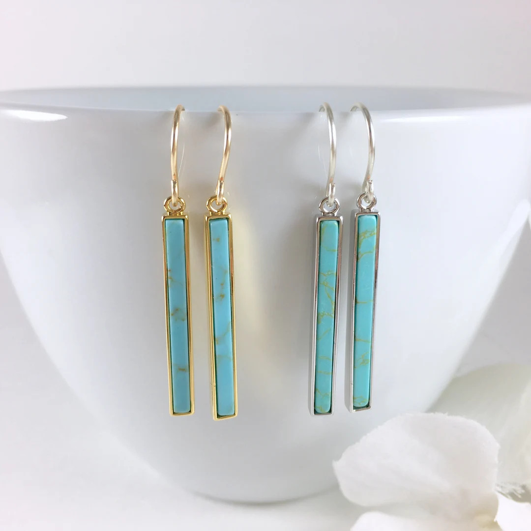 Turquoise Bar Earrings Gold Turquoise Pendant Earrings Vertical Bar Stick Earrings Gemstone Dangl... | Etsy (US)