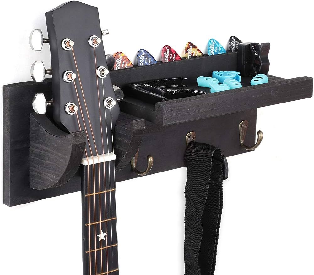 Bikoney Guitar Wall Mount Guitar Hanger Shelf Wood Guitar Hook with Pick Holder and 3 Hooks for A... | Amazon (US)