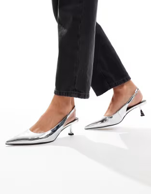 ASOS DESIGN Stroll slingback kitten heel shoes in silver | ASOS (Global)