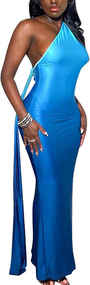 xxxiticat Women's One Shoulder Maxi Dress Sleeveless Open Back Backless Blue Gradient Color Bodyc... | Amazon (US)
