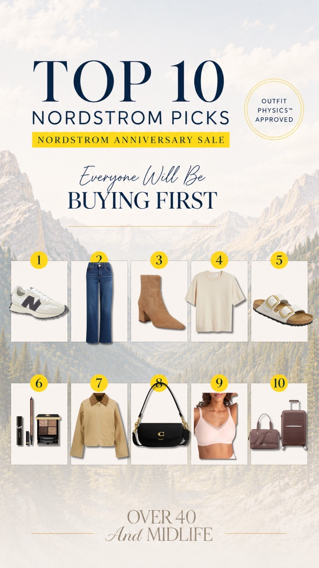 ✨Tap the bell, save and ❤️ start here over 40 fashion, midlife style, midsize fashion and luxury looks for less.  

The Nordstrom Anniversary Sale is here, and these are the 10 pieces I predict everyone will buy first. Start with the New Balance sneakers, flattering wide-leg jeans, and classic suede ankle boots. The short-sleeve sweater is an easy polished layer, while the Birkenstock sandals are a wear-now favorite. Beauty lovers will grab the makeup set, and the neutral jacket is my early fall hero. The Coach shoulder bag gives quiet-luxury energy, the wireless bra is a comfort must, and the matching travel bag and luggage are made for fall trips. These are my Outfit Physics™ approved picks!

👑 Helping you look good, feel good.-Lindsey Denver   Check back daily for belly-friendly style, confidence, and Outfit Physics™.

#LTKOver40 #LTKSaleAlert #LTKMidsize
