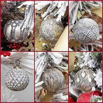 AuldHome Farmhouse Ball Ornaments (Set of 6, Gold); Distressed Metal Glass Ball Vintage Style Chr... | Amazon (US)