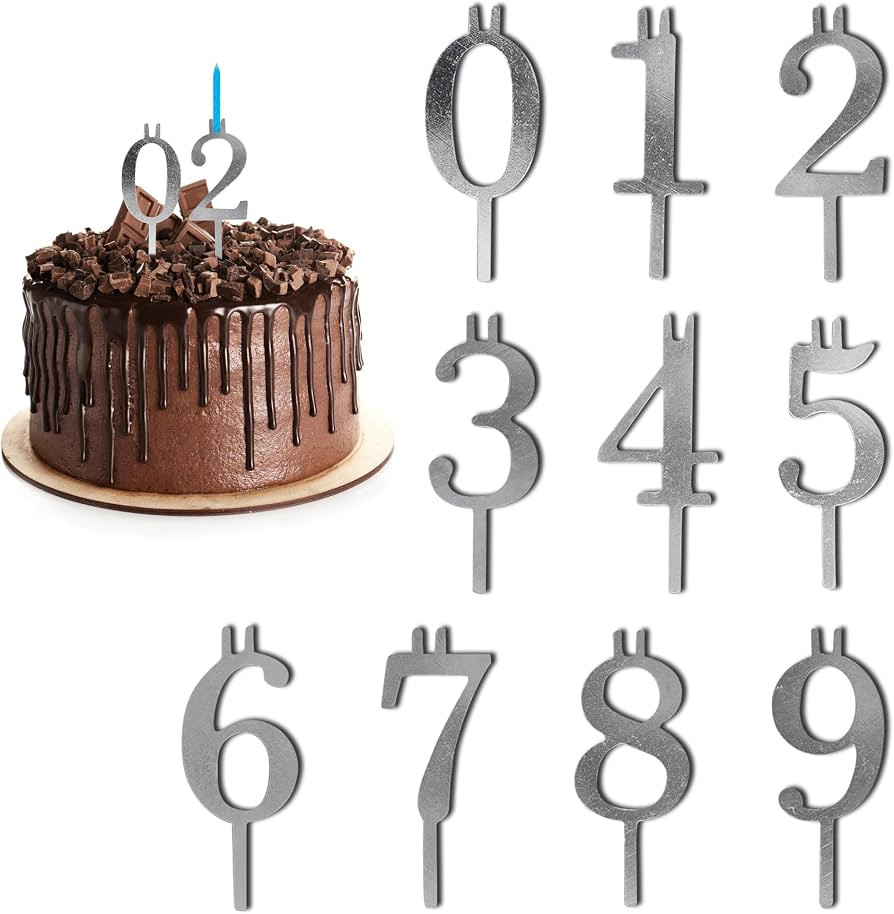 Numbered Cake Candle Holders - 20 Reusable Toppers, 0-9 (Silver) | Amazon (US)