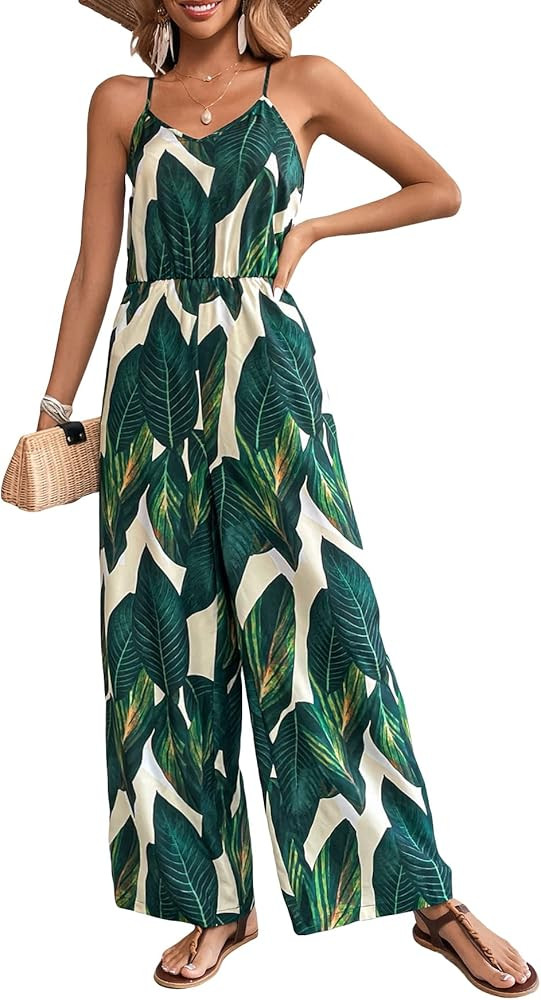 Verdusa Women's Tropical Print V Neck Spaghetti Strap Wide Leg Cami Jumpsuit Romper | Amazon (US)