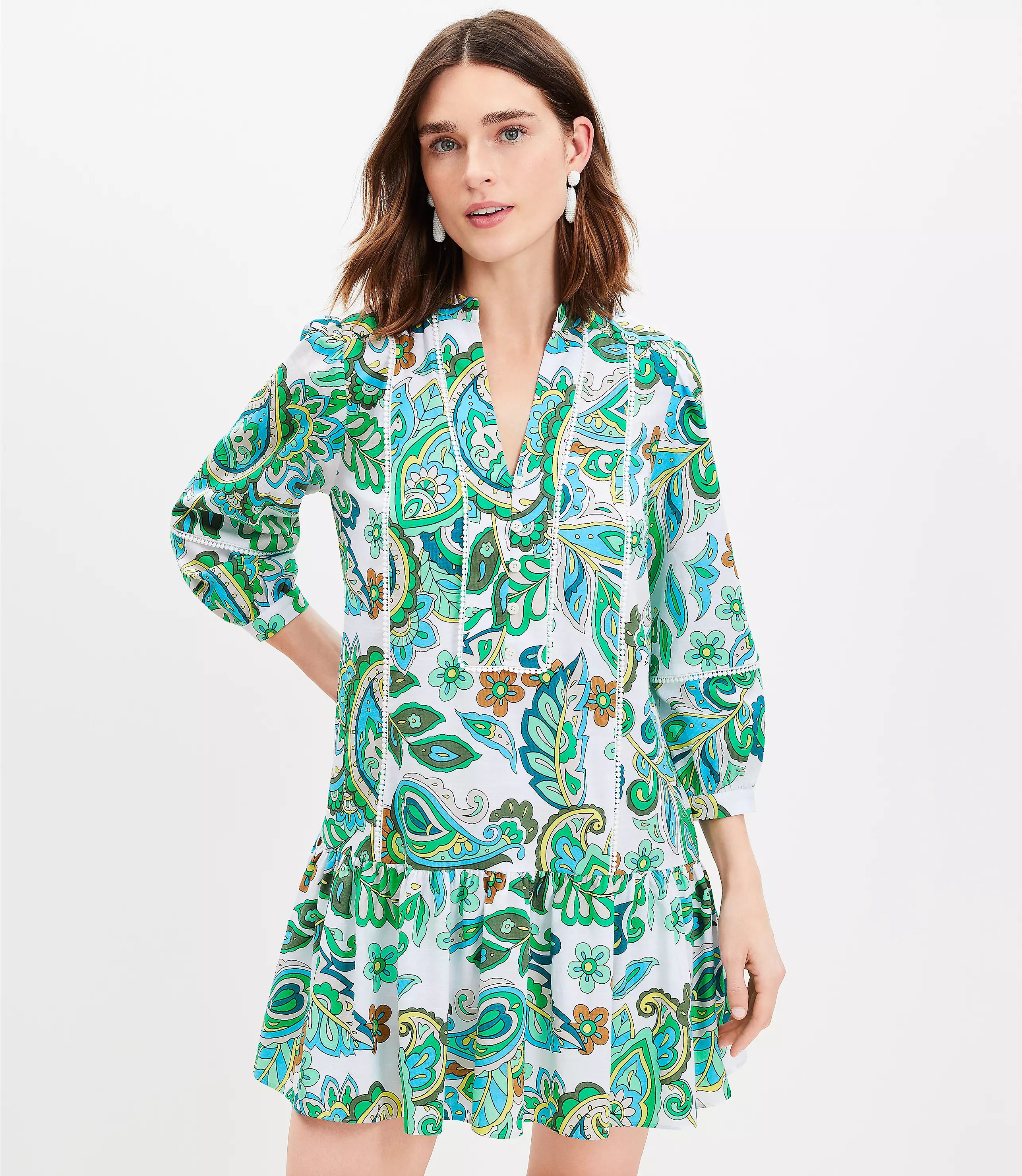 Paisley Split Neck Swing Dress | LOFT