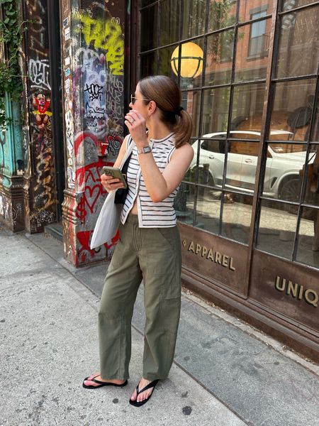 Cargo pants citizens of humanity 
Black and white striped knit tank top madewell
Black thong kitten heel sandal

NYC outfit inspo 

#LTKStyleTip #LTKShoeCrush