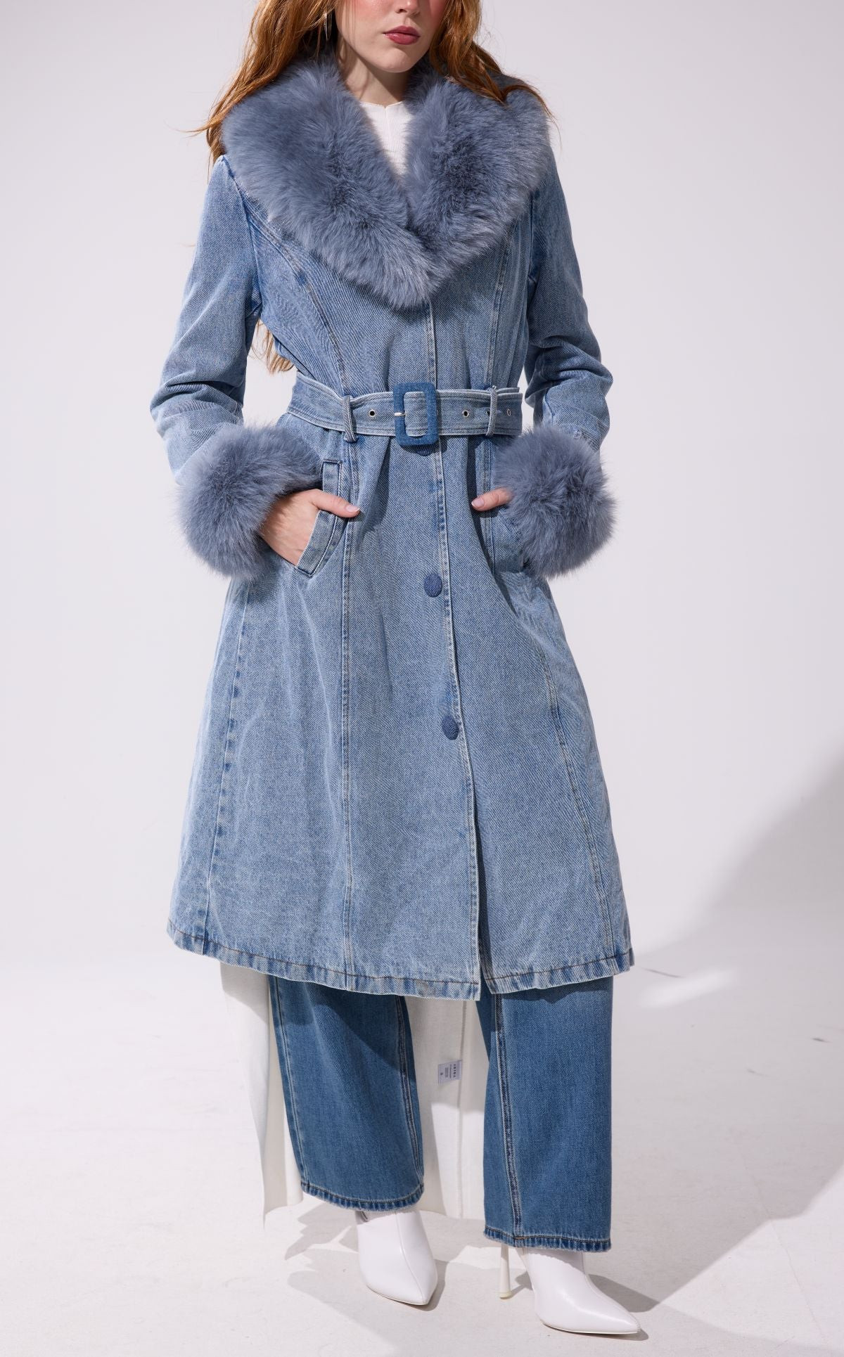 KAYA-DENIM FAUX FUR TRENCH JACKET | Azalea Wang