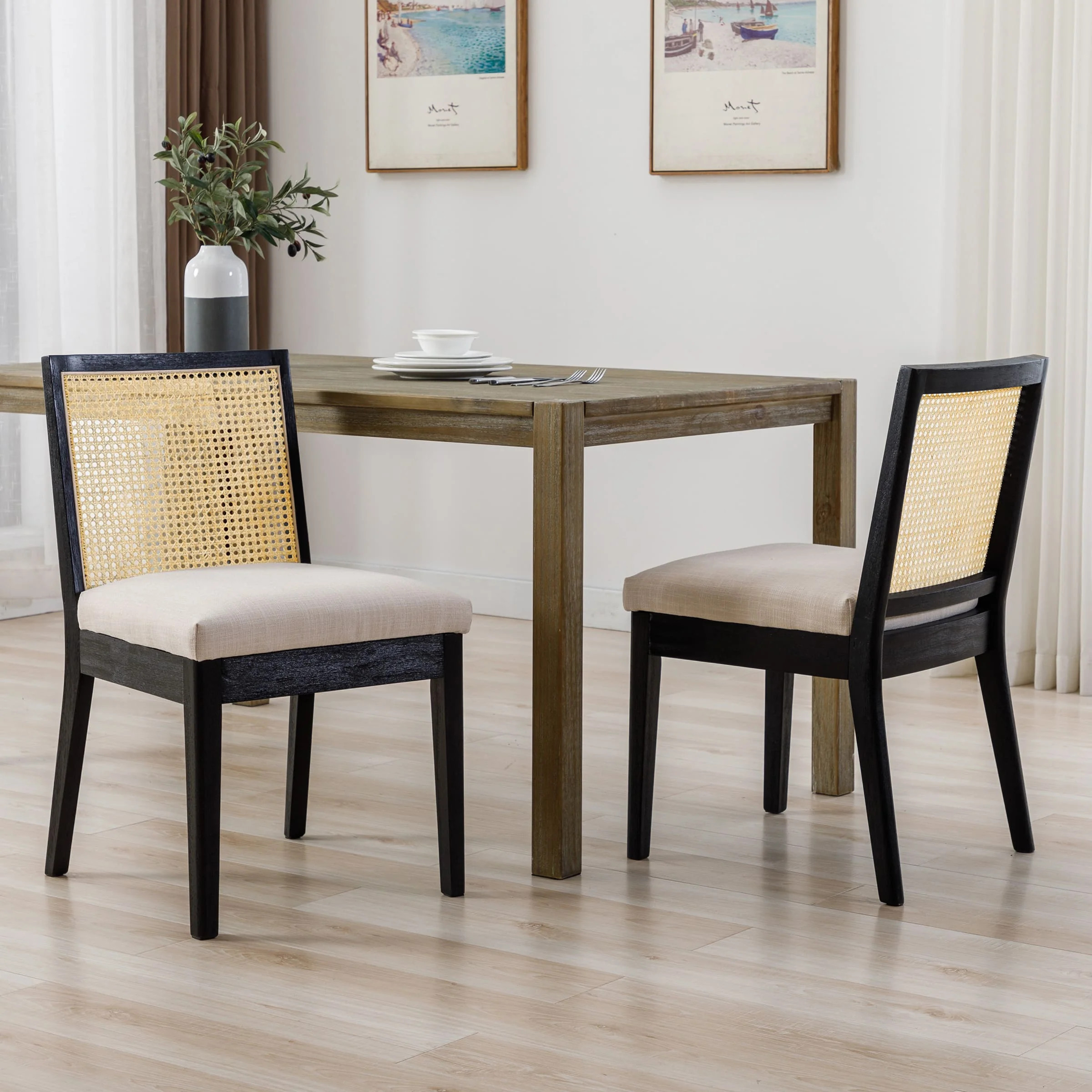 Square Rattan Back Linen Beige Dining Chairs Set of 2 - 1932DC | CHAIRUS Affiliate Program